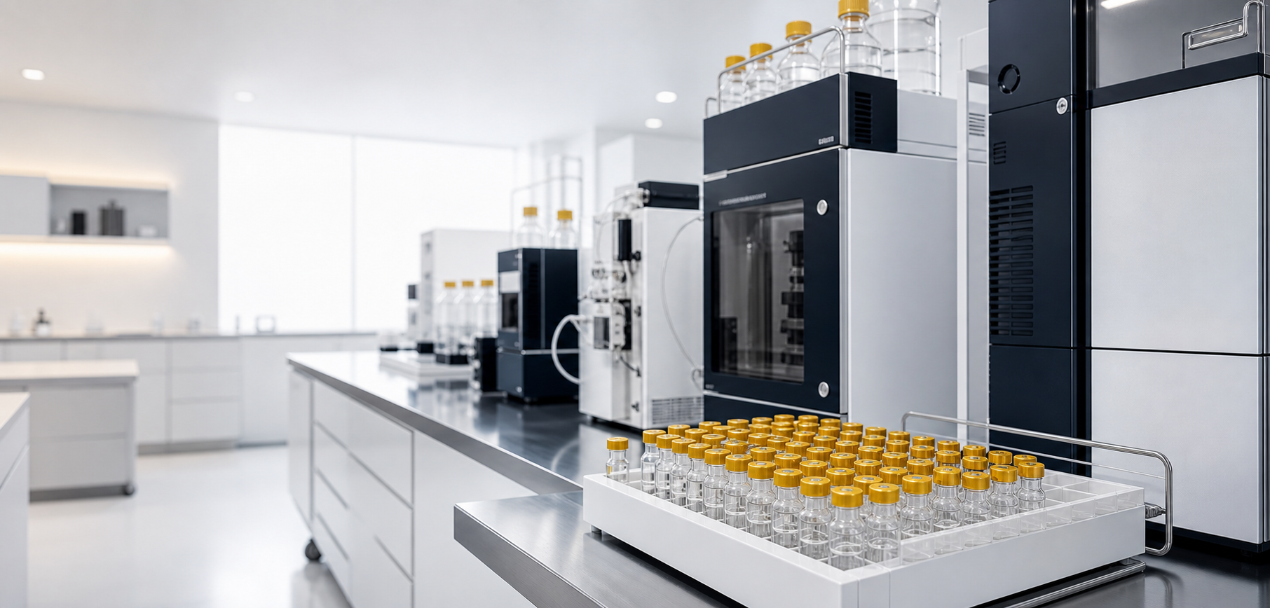 Clinical laboratory bench with analytical instruments and peptide sample vials